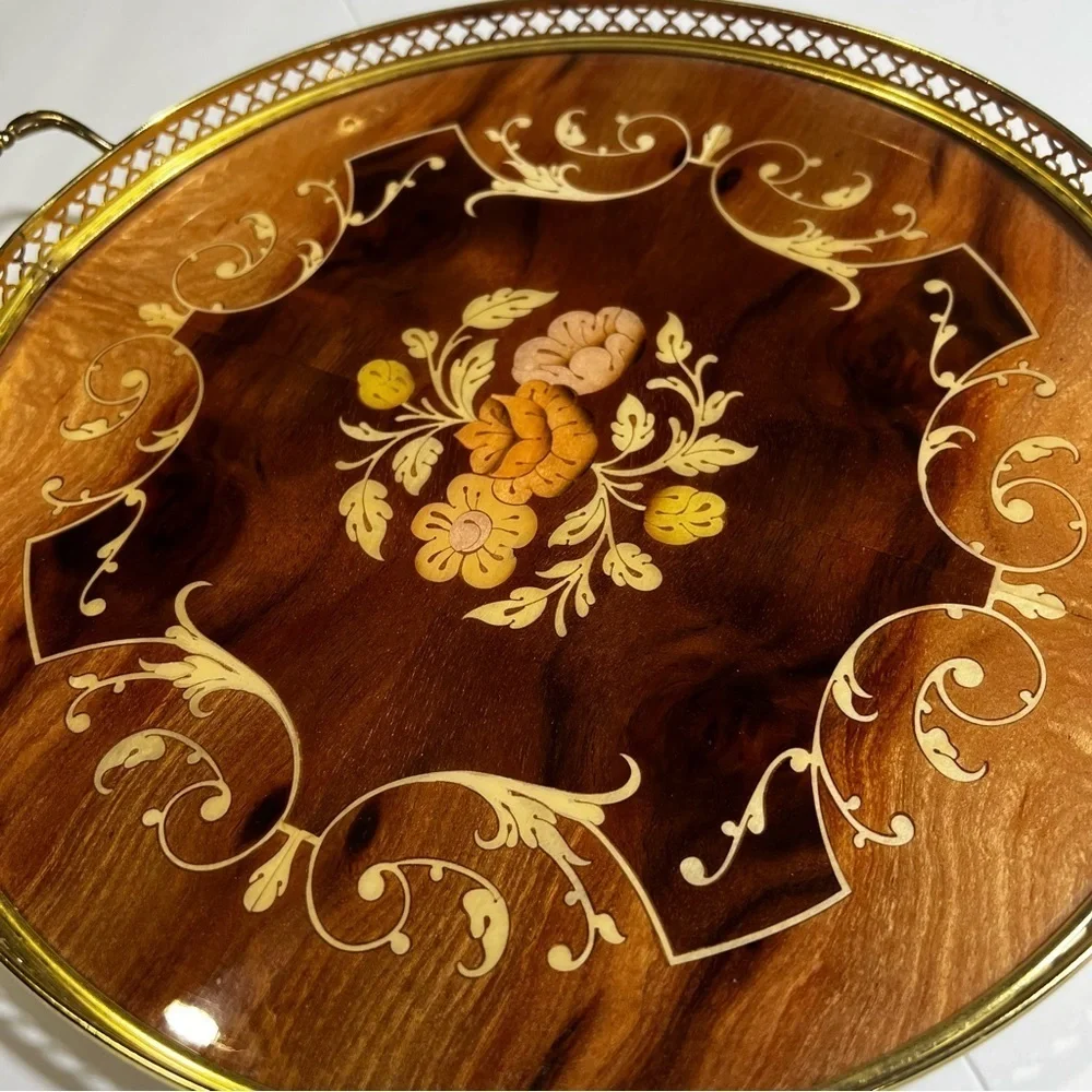 Italian Marquetry Inlaid Wooden Serving/Vanity Tray Floral w Brass Vintage 1950s